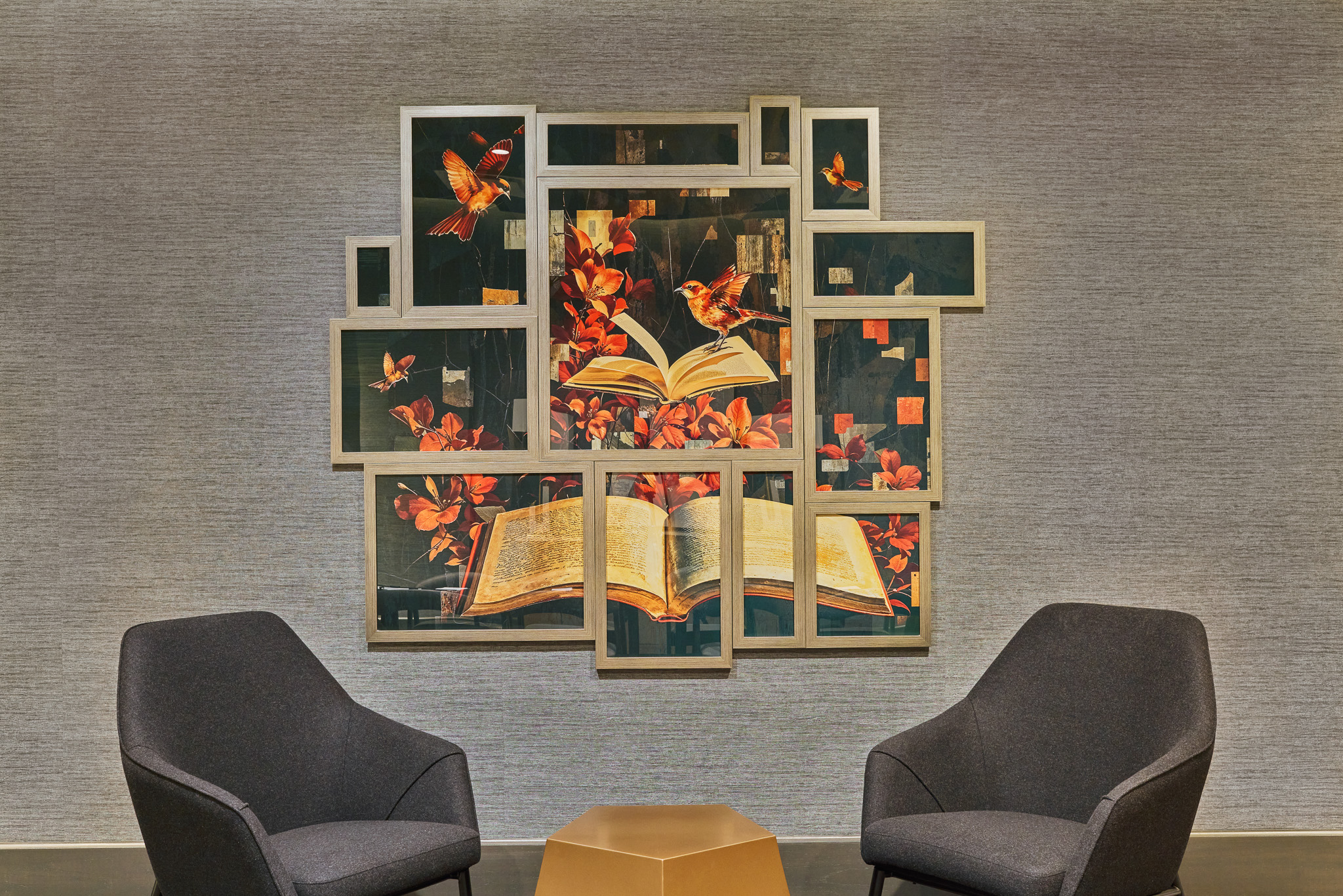 fantastical art piece showing books and local north carolina birds