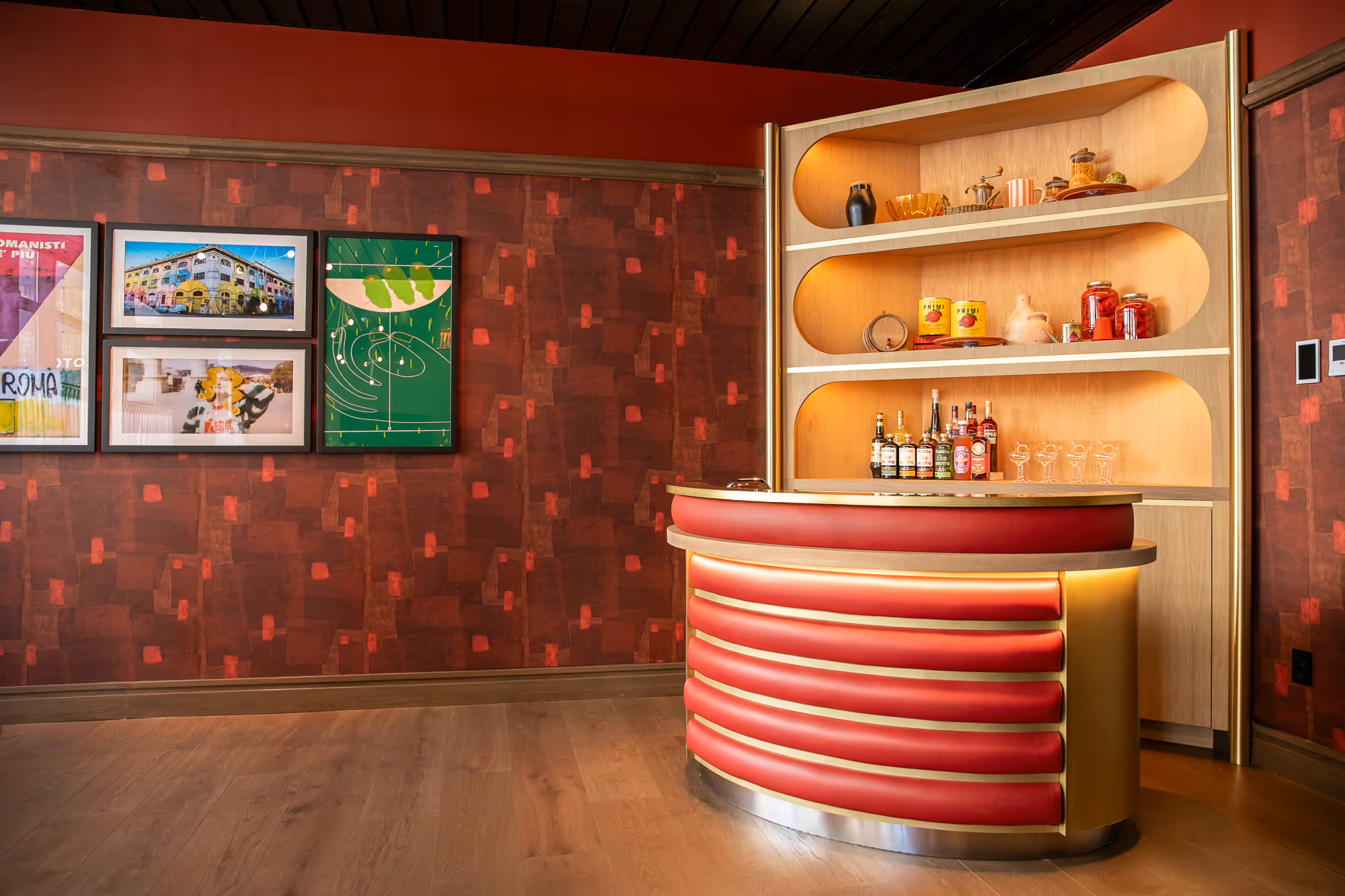 bar area with art gallery wall