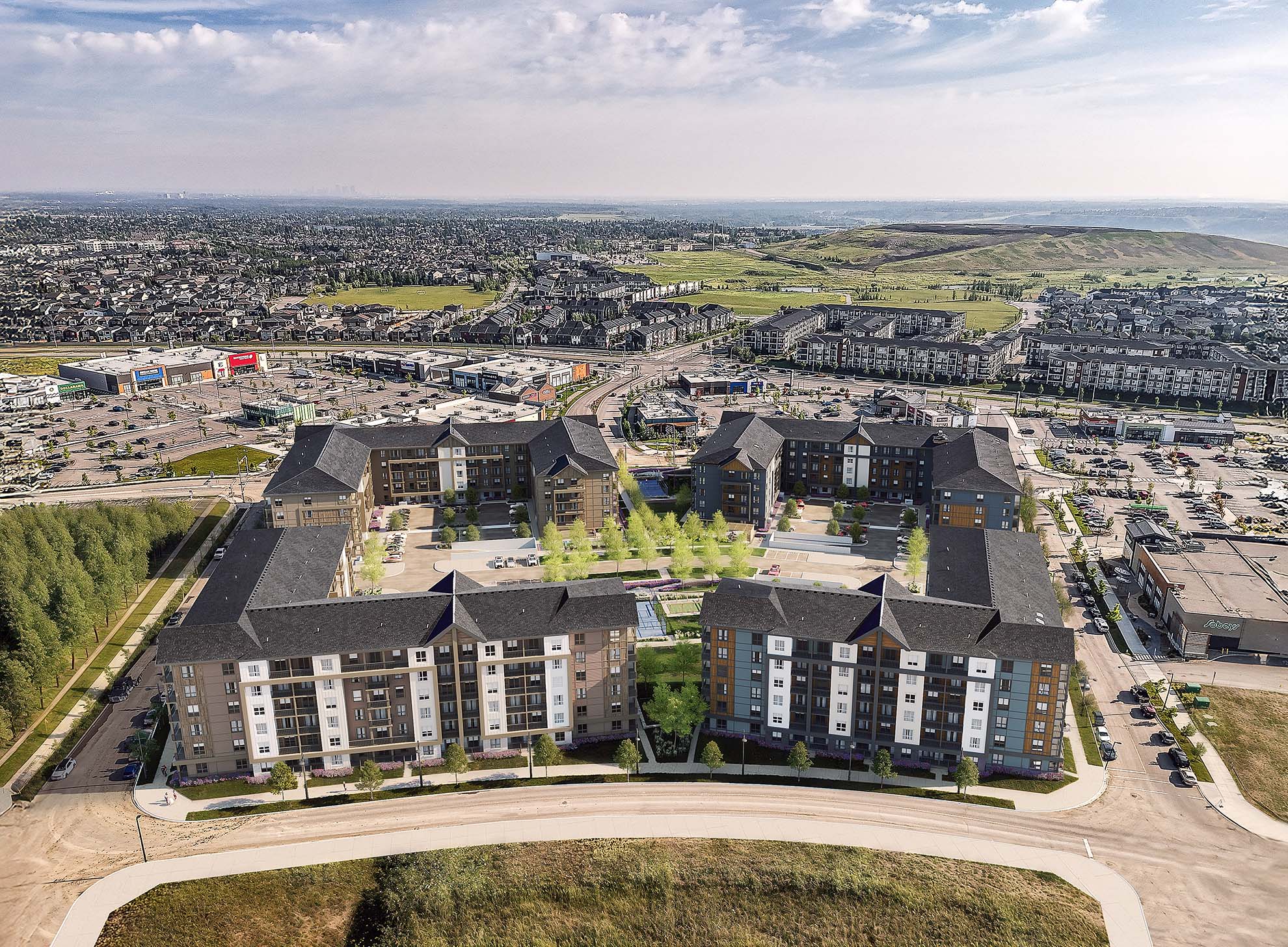 rendering of the entire township collective site with the four buildings at township collective in the community of legacy beside the township shopping centre.