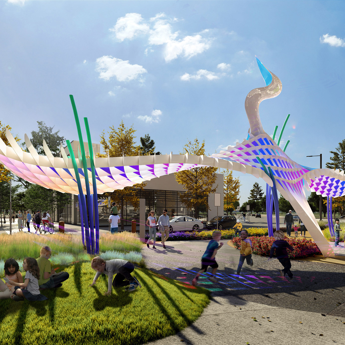 rendering of children playing under the public art in the township community shopping destination