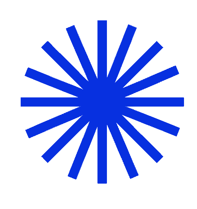 Blue starburst symbol with radial lines extending outward evenly from the center.