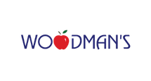 Woodman's logo with a red apple replacing the letter O.