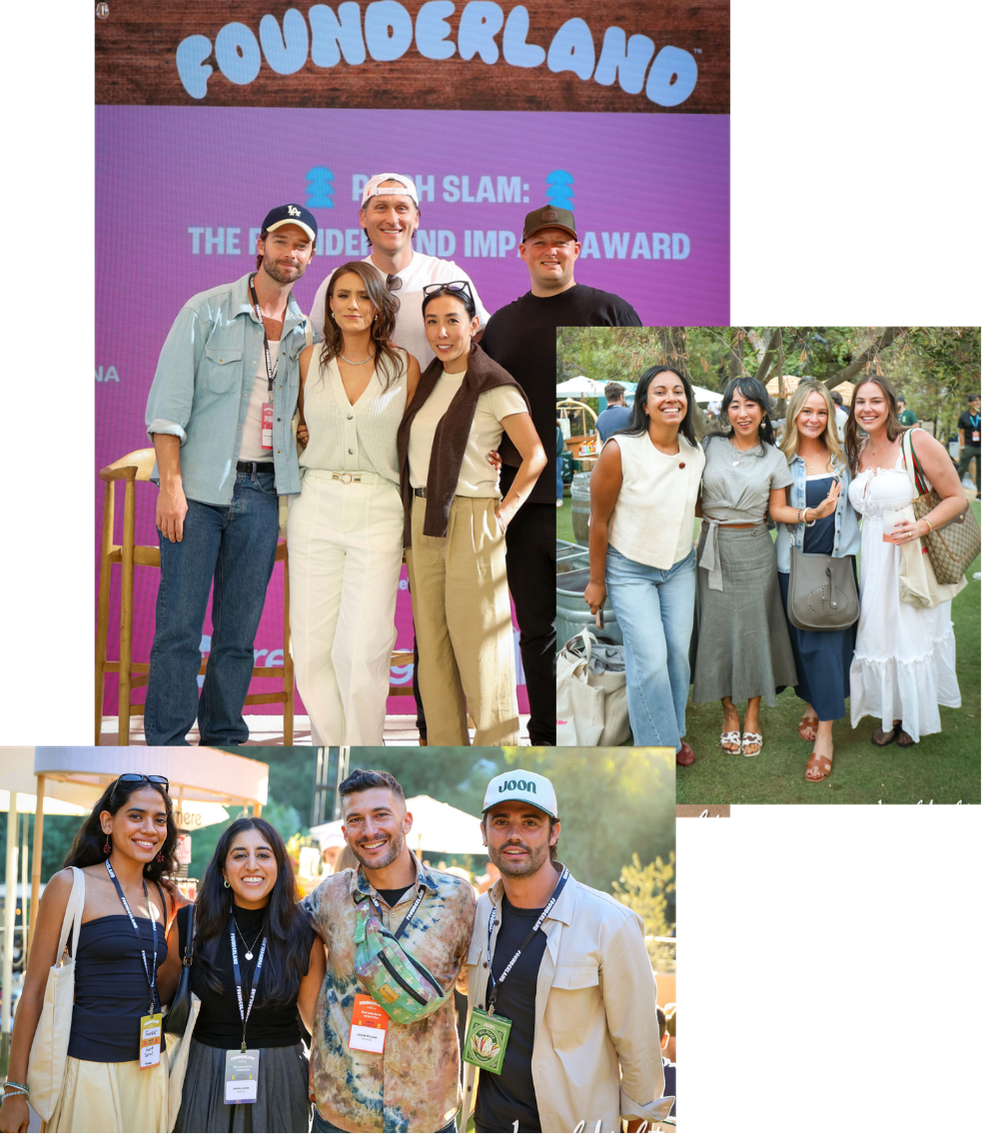 Three groups of smiling people posing together outdoors and indoors at a social event.