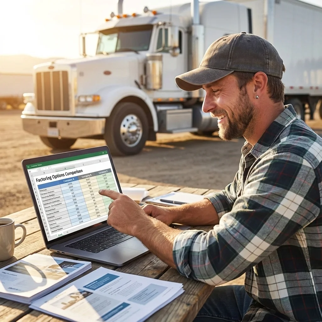 The truck driver happily compares factoring Options for his small  Fleet