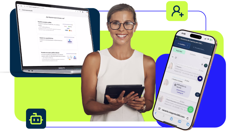 Mulher sorridente com óculos segurando um tablet, com um laptop mostrando um site e um telefone celular com um aplicativo de assistente de conta aberta.