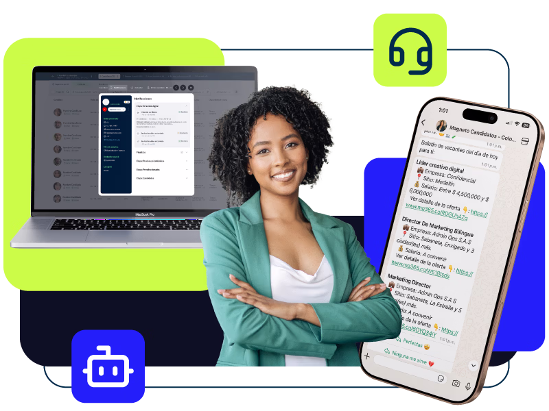 Mujer sonriente con chaqueta verde de pie frente a un portátil con pantalla de notificaciones y un teléfono móvil mostrando mensajes de ofertas de trabajo en una aplicación de mensajería.