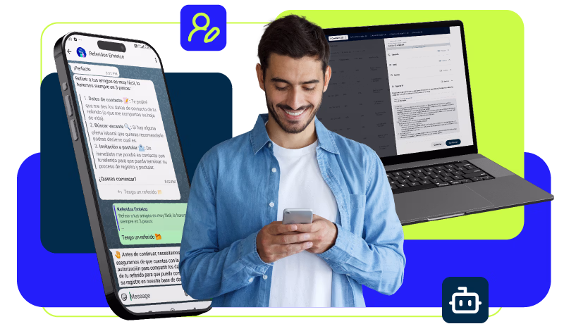 Homem sorridente usando telefone celular na frente do laptop com interface de software visível, acompanhado por ícones relacionados a contatos e automação.