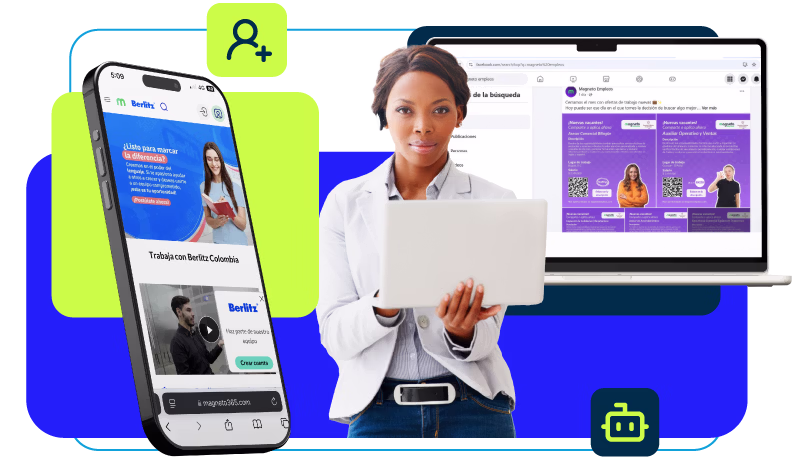Mulher de jaqueta branca segurando um laptop na frente de dois dispositivos digitais mostrando sites de emprego e oportunidades de emprego.