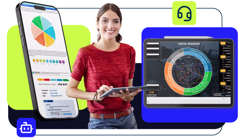 Mulher sorridente usando um tablet, com gráficos de dados e um telefone celular com visualizações analíticas em segundo plano.