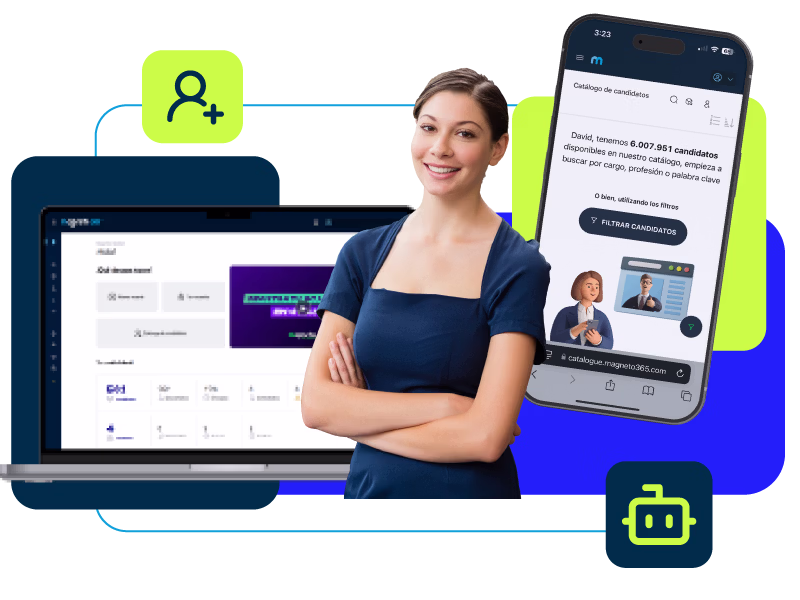 Mujer sonriente con brazos cruzados frente a una laptop y un teléfono móvil que muestran una plataforma digital de catálogo de candidatos para reclutamiento.