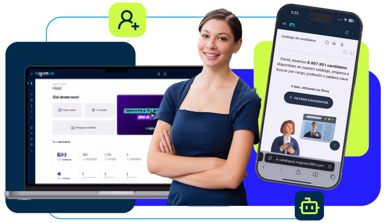 Mulher sorridente com os braços cruzados na frente de um laptop e um telefone celular mostrando uma plataforma digital para catalogar candidatos para recrutamento.