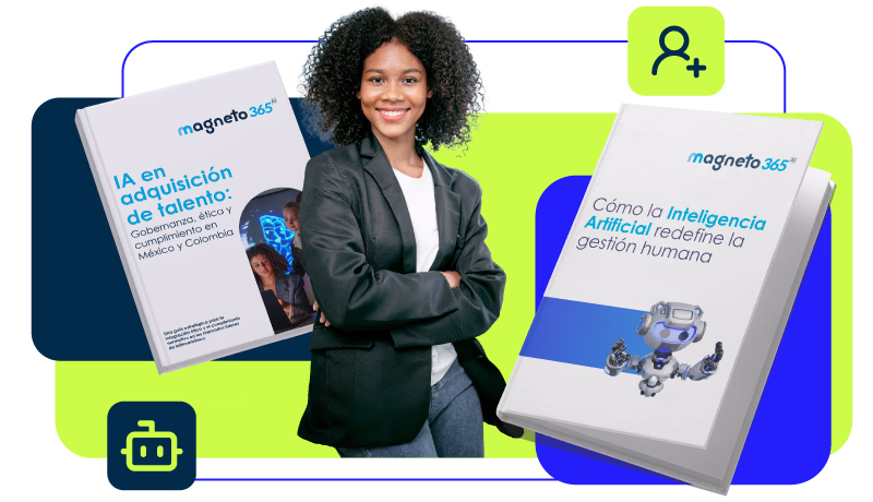Uma mulher sorridente com cabelos encaracolados usa um blazer preto e uma camiseta branca, com dois livros digitais ao lado dela sobre inteligência artificial e gestão de talentos.