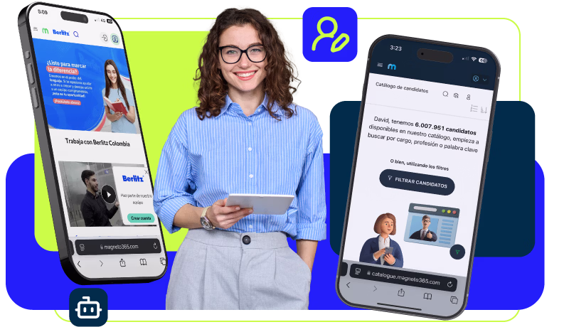 Jovem mulher usando óculos e camisa azul segura um tablet, cercada por dois telefones celulares mostrando pedidos de recrutamento e emprego em Berlitz, Colômbia.