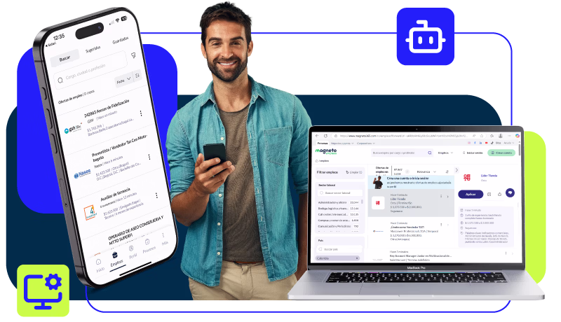 Homem sorridente com uma camisa azul segura um celular na frente de uma tela de laptop mostrando uma plataforma de emprego chamada Magneto.