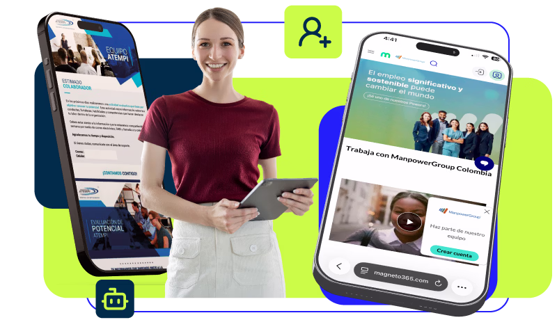 Mulher sorridente segurando um tablet, com dois telefones celulares nas laterais mostrando conteúdo sobre trabalho e avaliação de potencial.