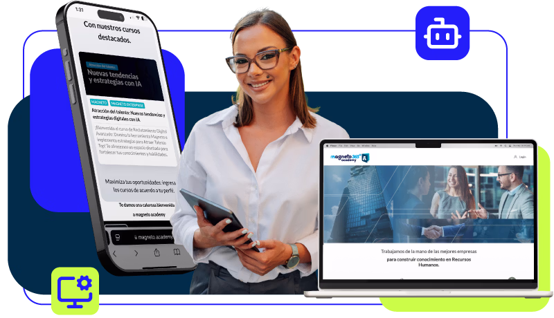 Mulher com óculos, segurando um tablet, entre um celular com texto de cursos excelentes e um laptop mostrando uma página de recursos humanos.