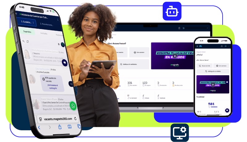 Young woman with curly hair using a tablet, with mobile device and computer screens showing a candidate management and recruitment application.