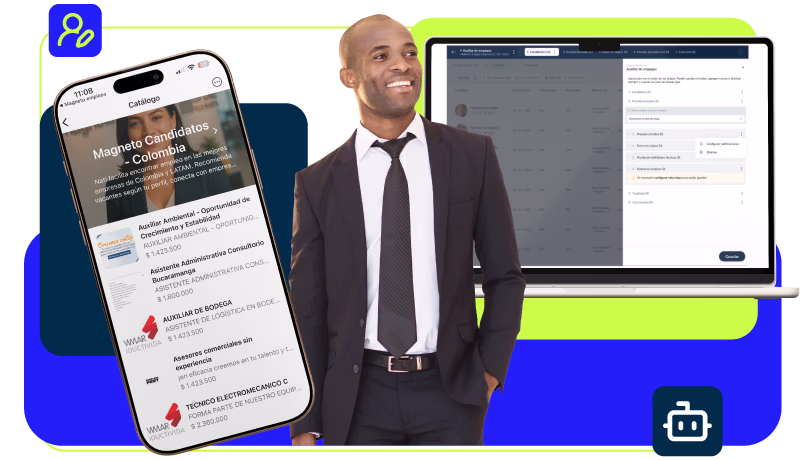 Empresário sorridente vestido de terno e gravata na frente de um laptop com uma tela de software e um telefone celular mostrando um aplicativo para catalogar candidatos na Colômbia.