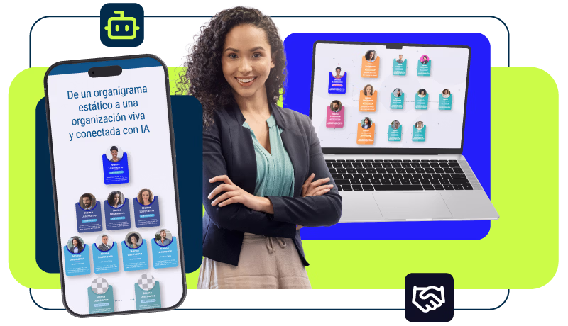 Mulher sorridente vestindo uma jaqueta azul e blusa verde, na frente de um laptop e um telefone mostrando organogramas coloridos e conectados.
