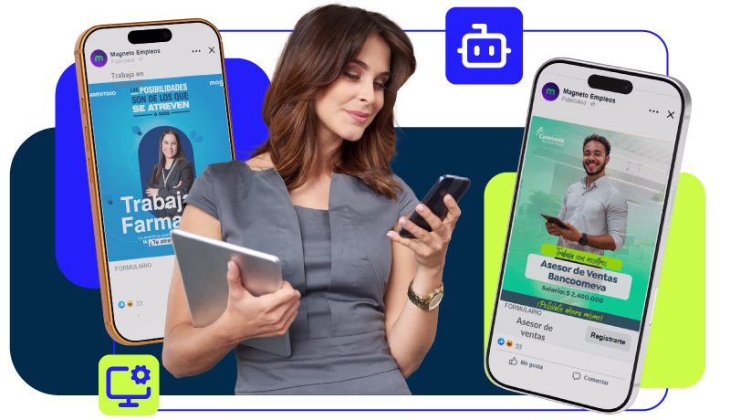 Mulher de vestido cinza segurando um tablet e olhando para um celular com duas telas de aplicativos de emprego em segundo plano.
