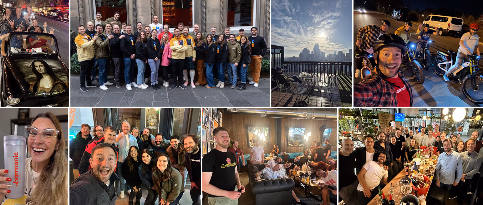 Group shots of happy Harmonic Security employees.