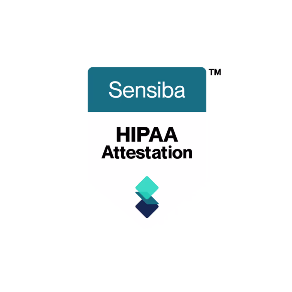 Sensiba HIPAA Attestation logo with a turquoise and navy diamond design below the text.