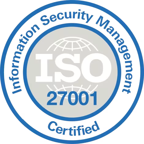 ISO 27001 certified information security management emblem with a globe icon.