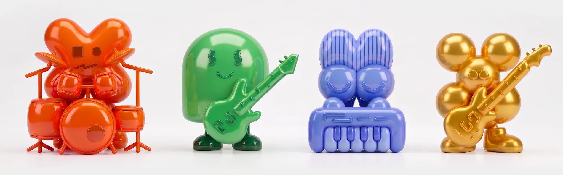 Four Harmonic bubble characters playing in a band