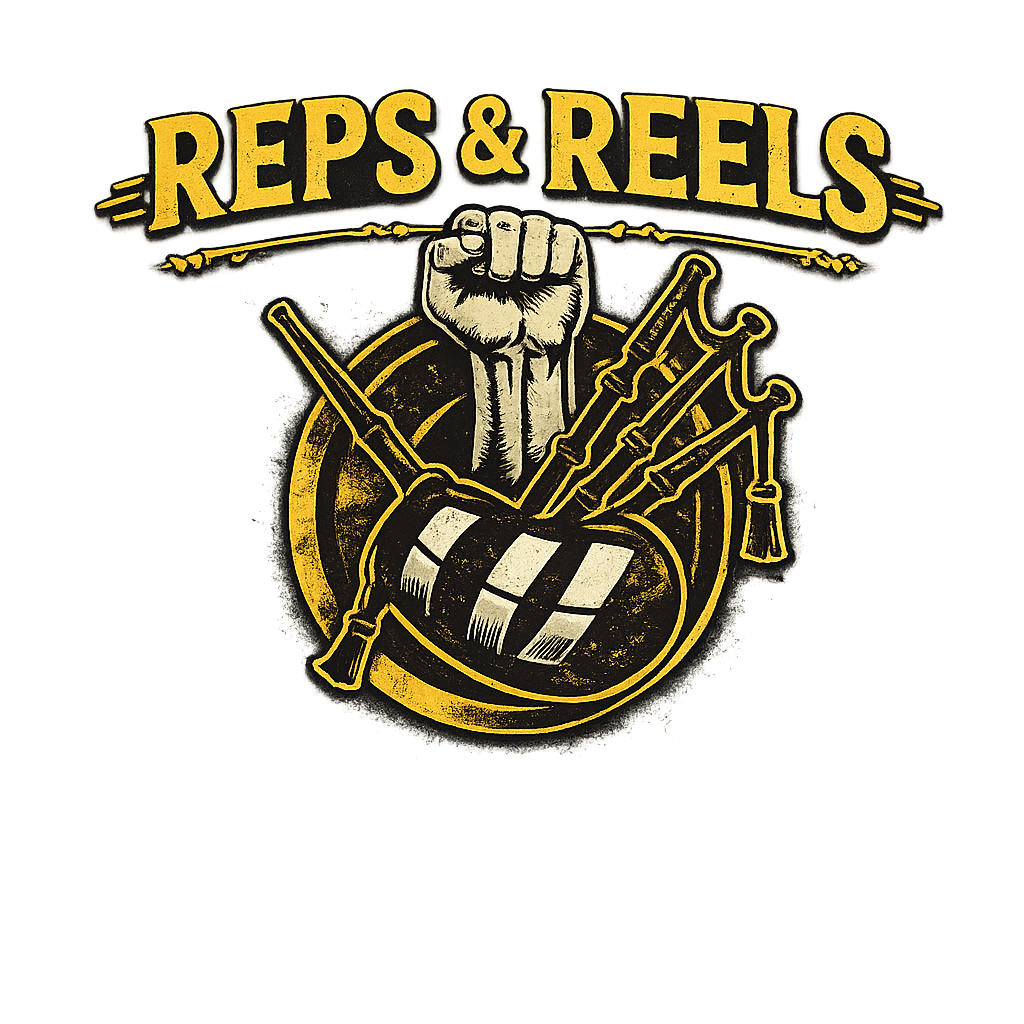 Reps & Reels crest — fist rising from bagpipe drones inside a brass laurel frame