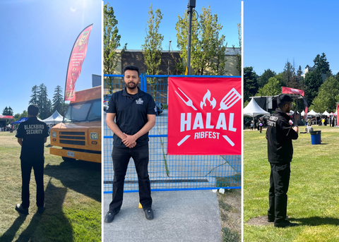 Uniformed Blackbird security guards standing in front of event gate and trucks