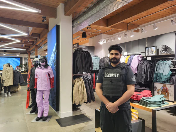Blackbird Security guard standing inside an outdoor clothing store