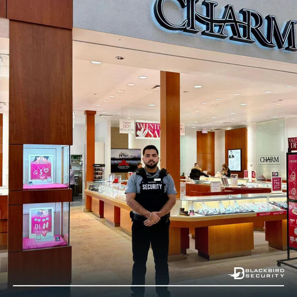 A Blackbird retail security guard stands in front of a Charm Diamonds store