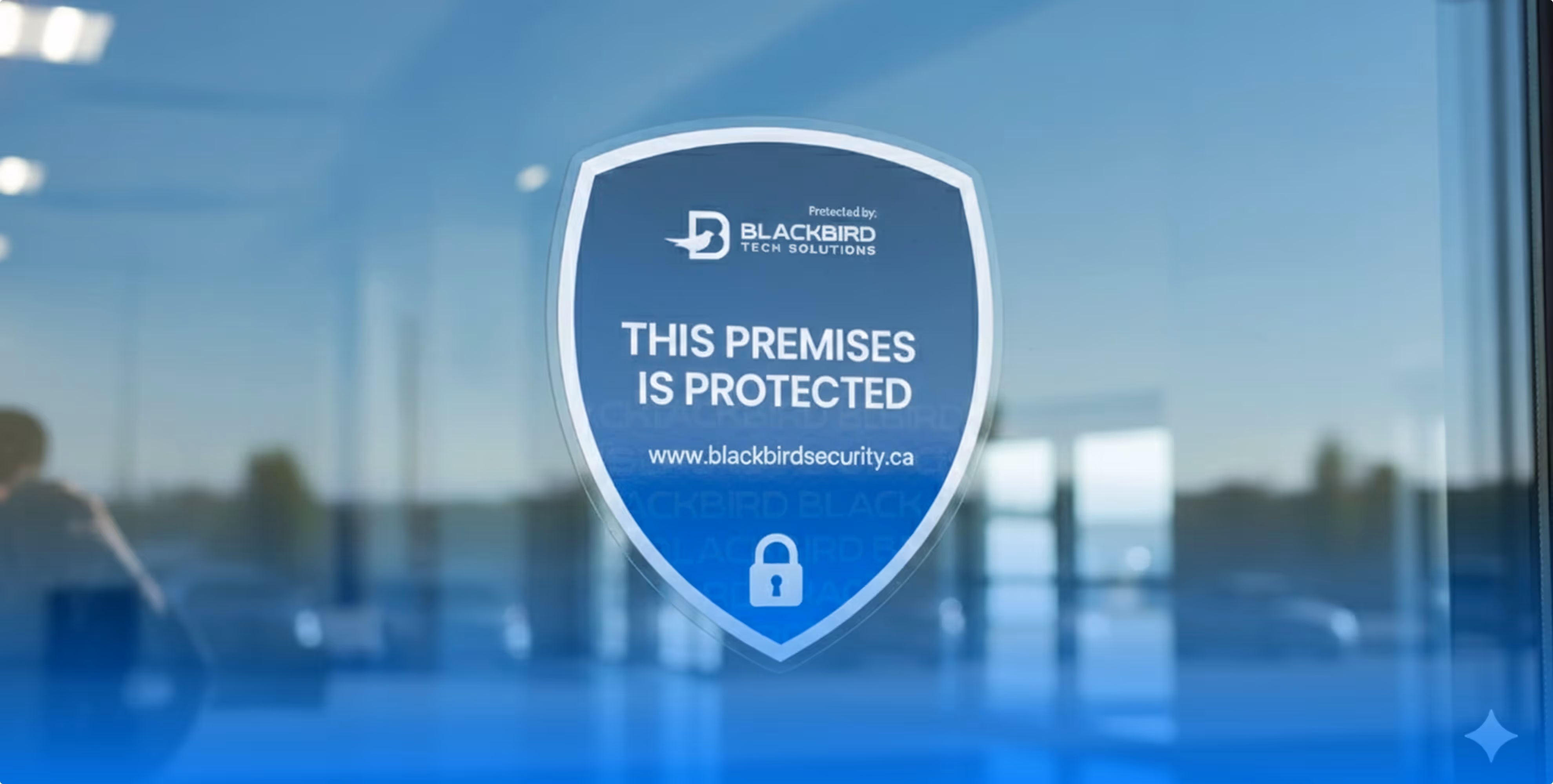 Blackbird tech shield sticker on a building