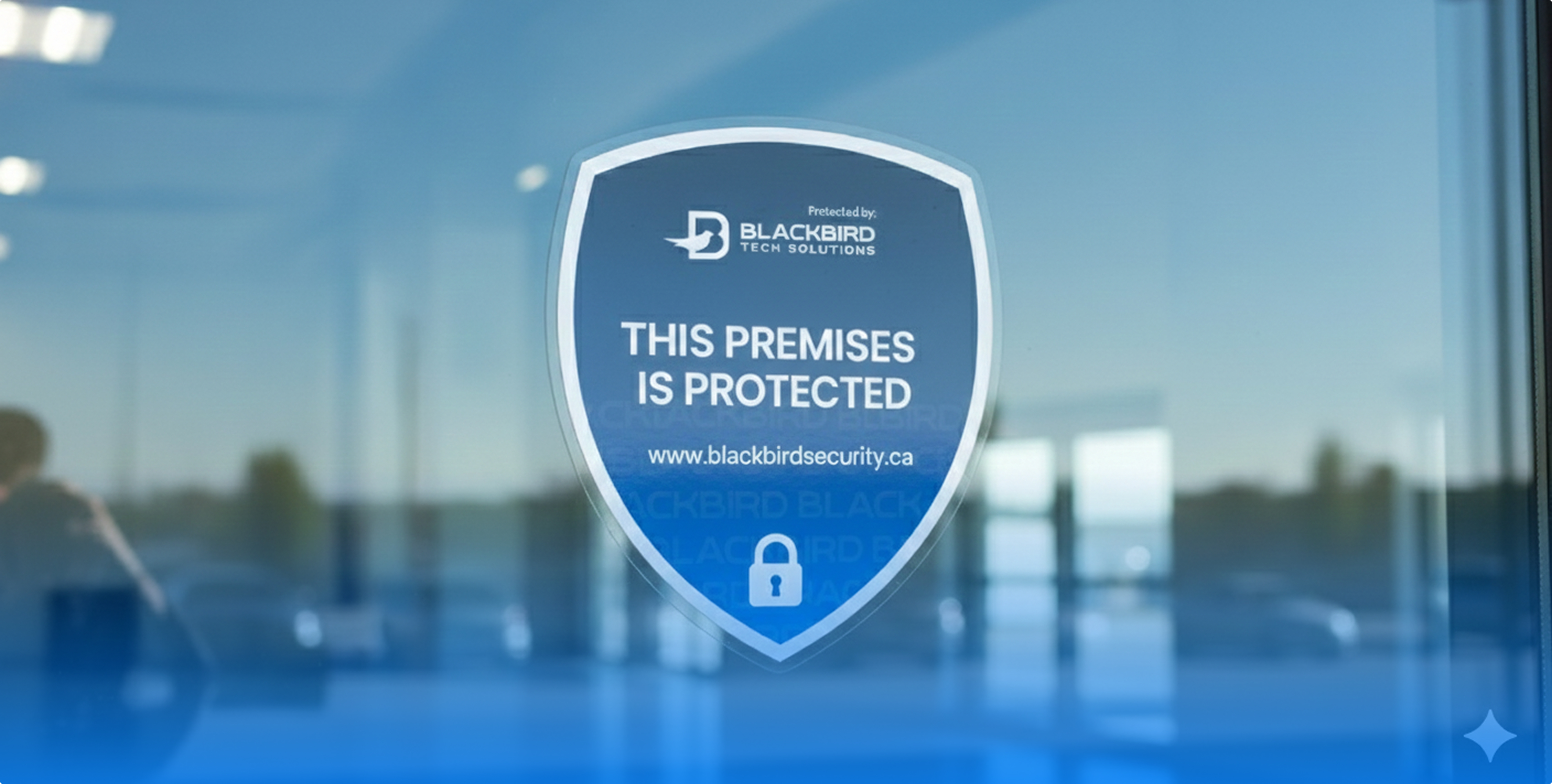 Blackbird tech shield sticker on a building