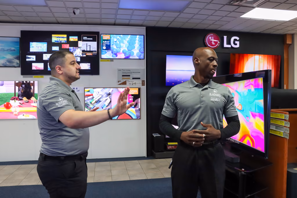 Two security guards stand in the electronics section of a store.