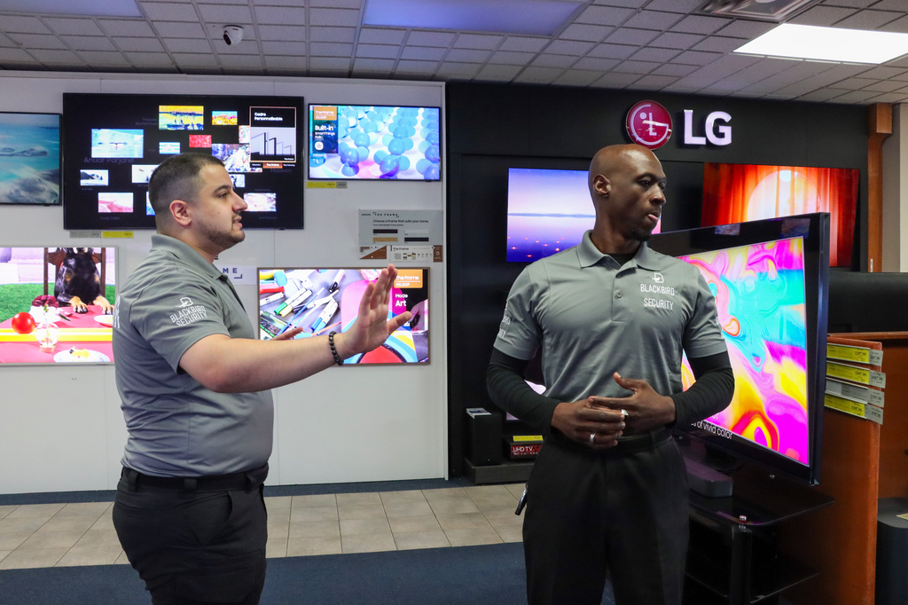 Two security guards stand in a store's electronics section