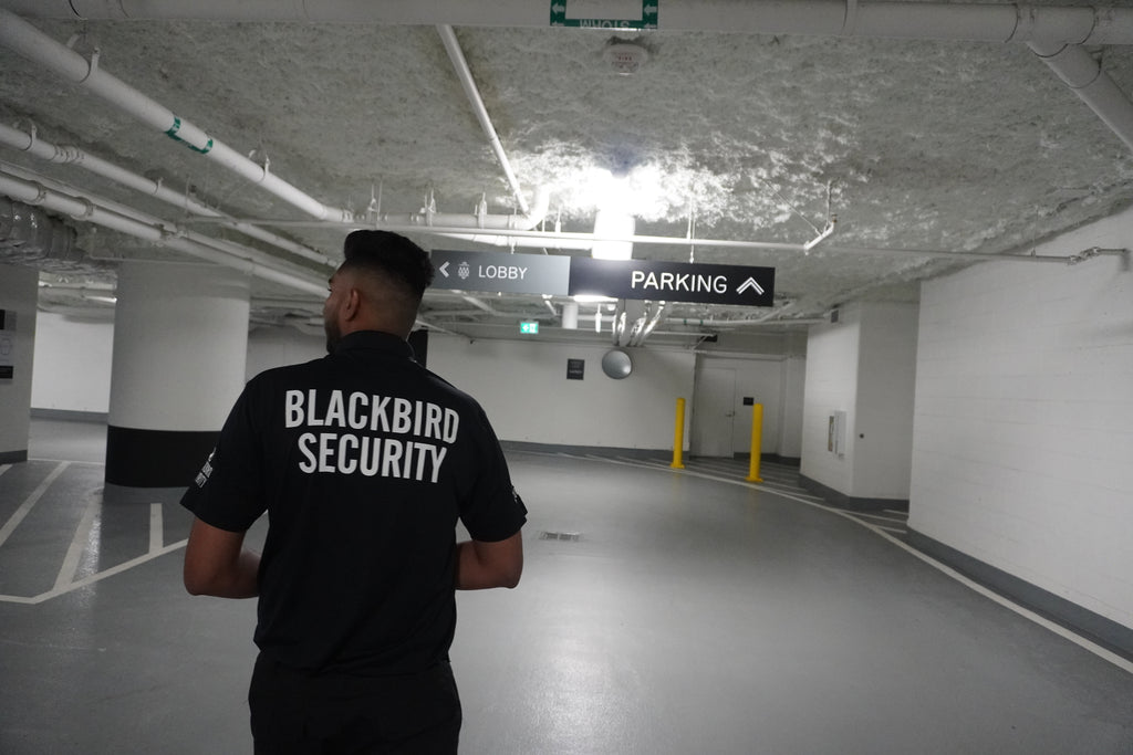 Blackbird Security guard on patrol in hotel underground parking