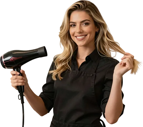 Cabeleireira secando o próprio cabelo
