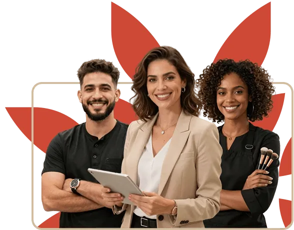 Duas mulheres e um homem com o simbolo da Easy Salon no fundo