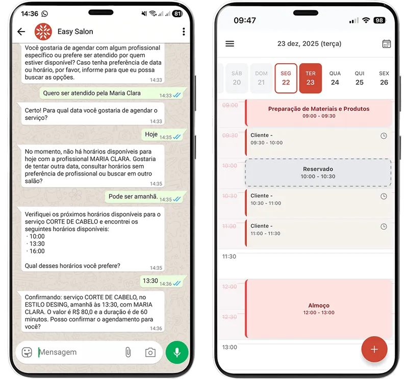 Celulares com uma tela de conversa no whatsapp por IA. Outra tela com a agenda da plataforma da Easy Salon.