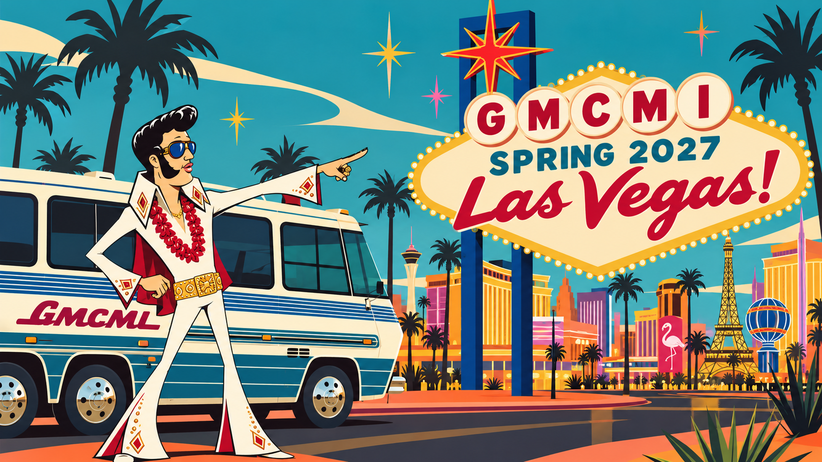 GMCMI Spring 2027 Convention graphic with Elvis and the Las Vegas sign.