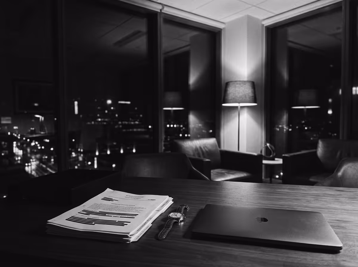 Dimly lit office desk at night with a closed laptop, wristwatch, and a stack of redacted documents, overlooking a cityscape through large windows.