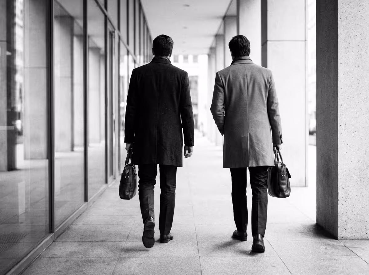 Two men in long coats walking away down a corridor, each carrying a briefcase.