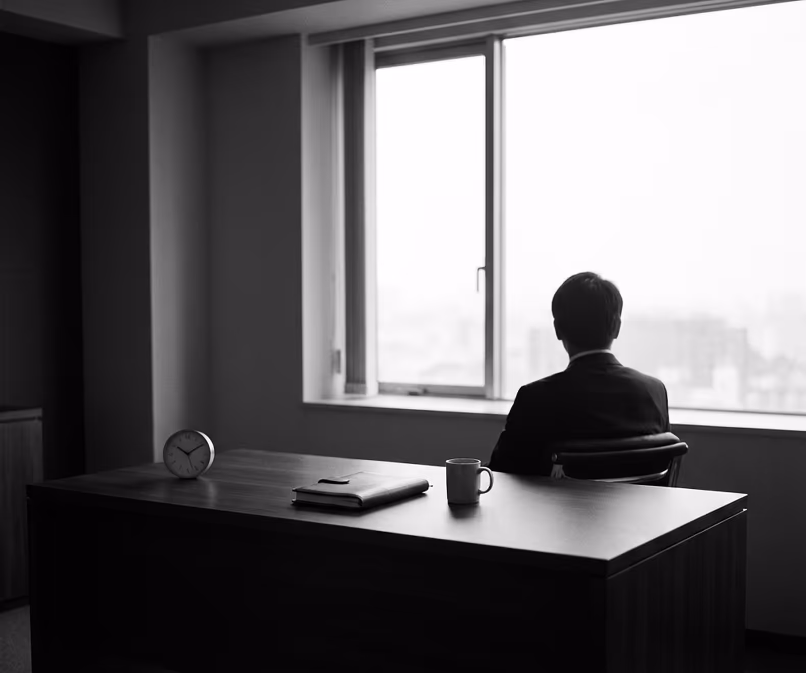 Person in a suit sitting alone at a desk, looking out a large window in a dimly lit office.