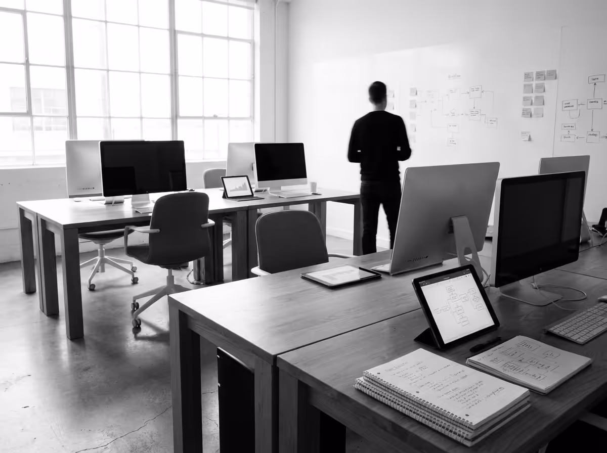 Modern office with wooden desks, multiple computer monitors, tablets, notebooks, and a person standing writing on a whiteboard.