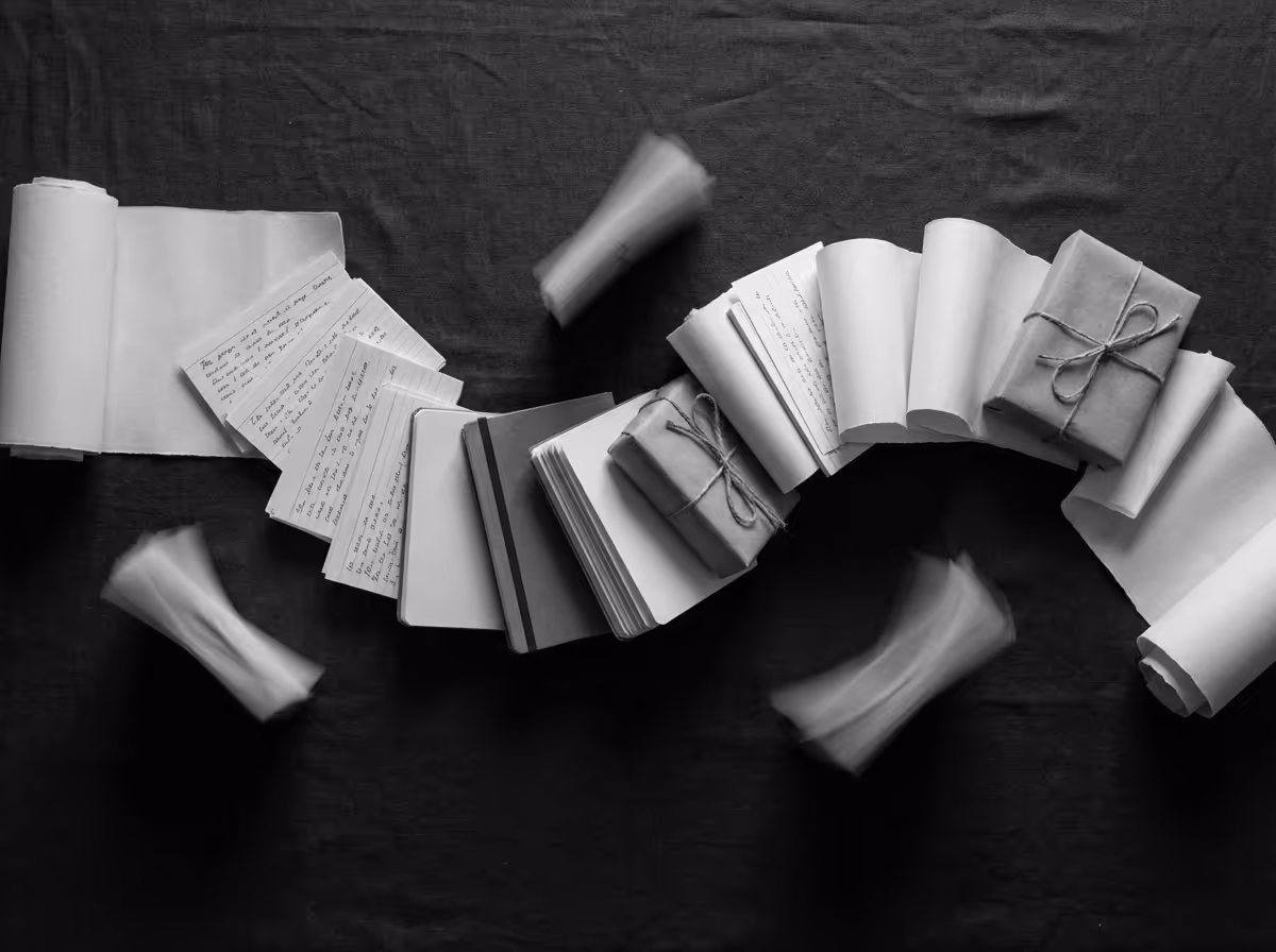 Black and white photo of various open notebooks, handwritten pages, and two small wrapped packages tied with string arranged in a flowing line on a dark fabric background.