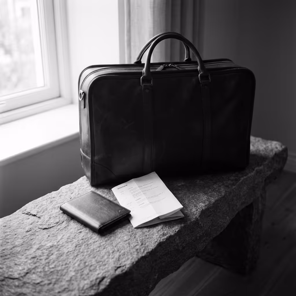 Black leather briefcase, wallet, and a folded document on a stone bench near a window.
