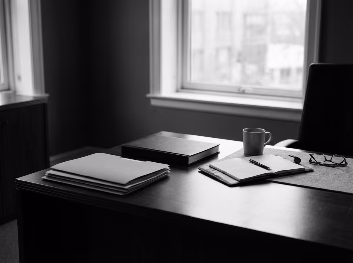 Black and white photo of a desk with stacked papers, a closed book, an open notebook with a pen, a coffee mug, and eyeglasses near a window.