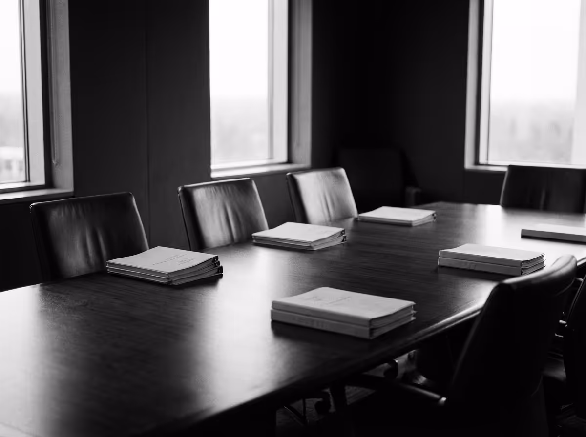 Black and white photo of an empty conference room with stacks of papers on a large wooden table and leather chairs around it.