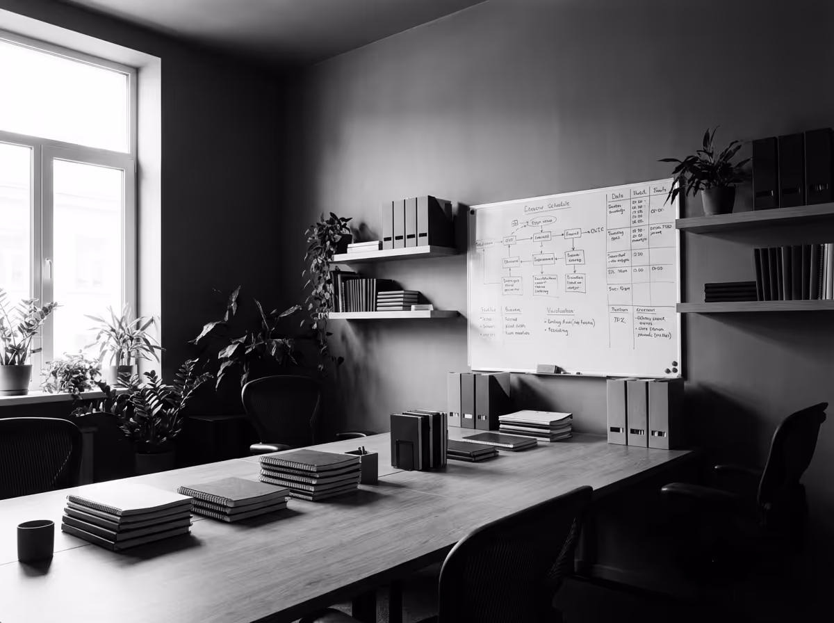Black and white photo of a conference room with a large wooden table, stacked notebooks, office chairs, potted plants by a window, shelves with books and binders, and a whiteboard with a flowchart and notes.